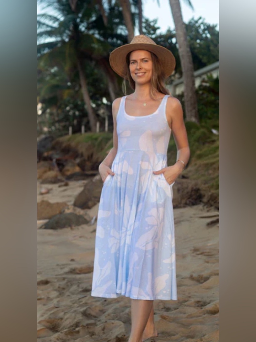Happy Earth NWT Lily midi dress light blue/white floral print organic cotton -L